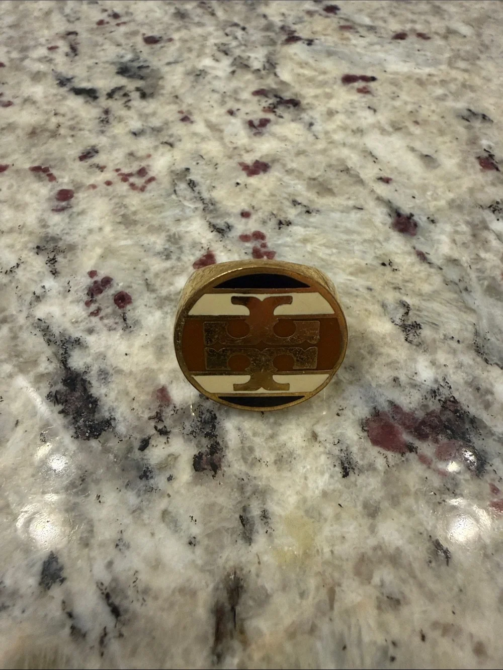 Tory Burch Gold and Brown Round Logo Ring - Designer Style